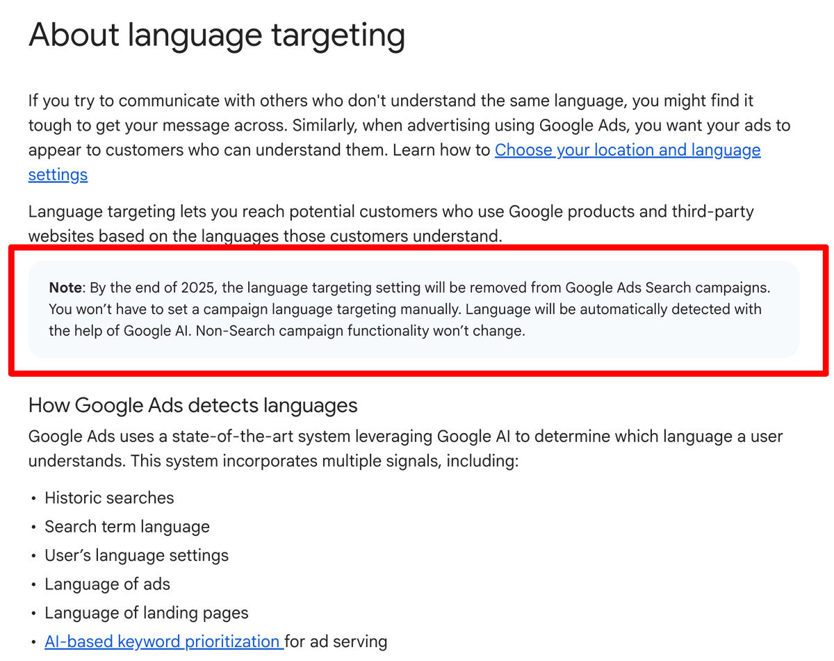 rustybrick's tweet image. Google Ads language targeting for search campaigns is going away at the end of 2025 seroundtable.com/google-ads-lan… via Ezra Sackett