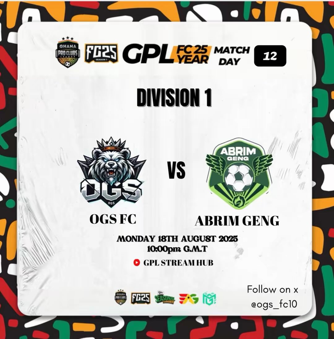 ogs_fc10's tweet image. 𝗜𝗧'𝗦 𝗠𝗔𝗧𝗖𝗛𝗗𝗔𝗬!!! 👀🏆

🏆 GPL Pro Clubs Division (1) League 
🏟  Rest In Peace 
🆚  @abrimgengfc 
⏰ 22:00 KO GMT 
📺 Sky Sports