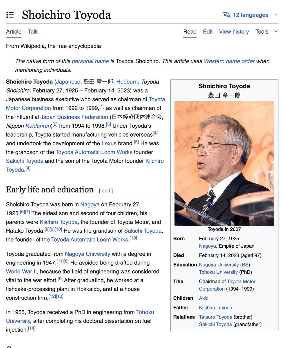 Former Toyota chief was born in 1925 and died in 2023 at 97. As a teen and young man he watched his father struggle to build good Japanese cars in Imperial Japan. As an adult he succeeded, making Toyota the world's top auto maker. By death he was watching China rise with EVs.