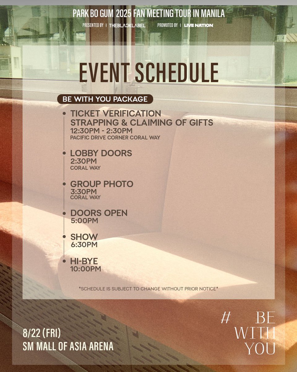 livenationph's tweet photo. Excited to see PARK BO GUM? 😍🥰

Make sure to go over the event schedule and venue map for an enjoyable fan meet experience.

See you all at the PARK BO GUM 2025 FAN MEETING TOUR [BE WITH YOU] IN MANILA!

#PARKBOGUM #박보검 #BEWITHYOU https://t.co/YdHZTp5E4G