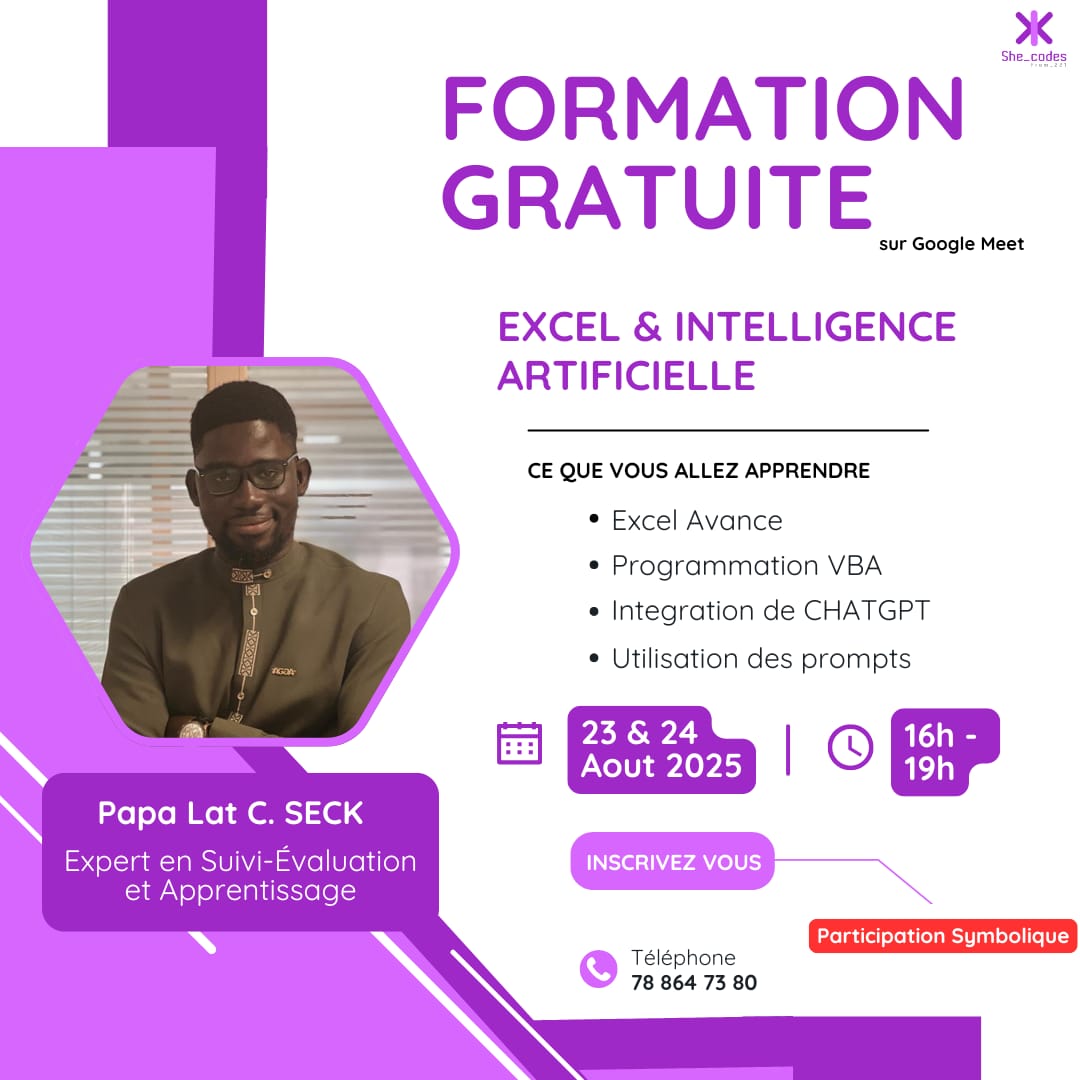 #FormationGratuite | Excel &amp; Intelligence Artificielle sur Google Meet 

Vous avez raté notre première session ? Pas de panique, voici une seconde chance !

Inscrivez-vous dès maintenant 👇🏾tally.so/r/mO25rY

#SheCodesFrom221 #WomenInTech #FormationGratuite #ExcelAI