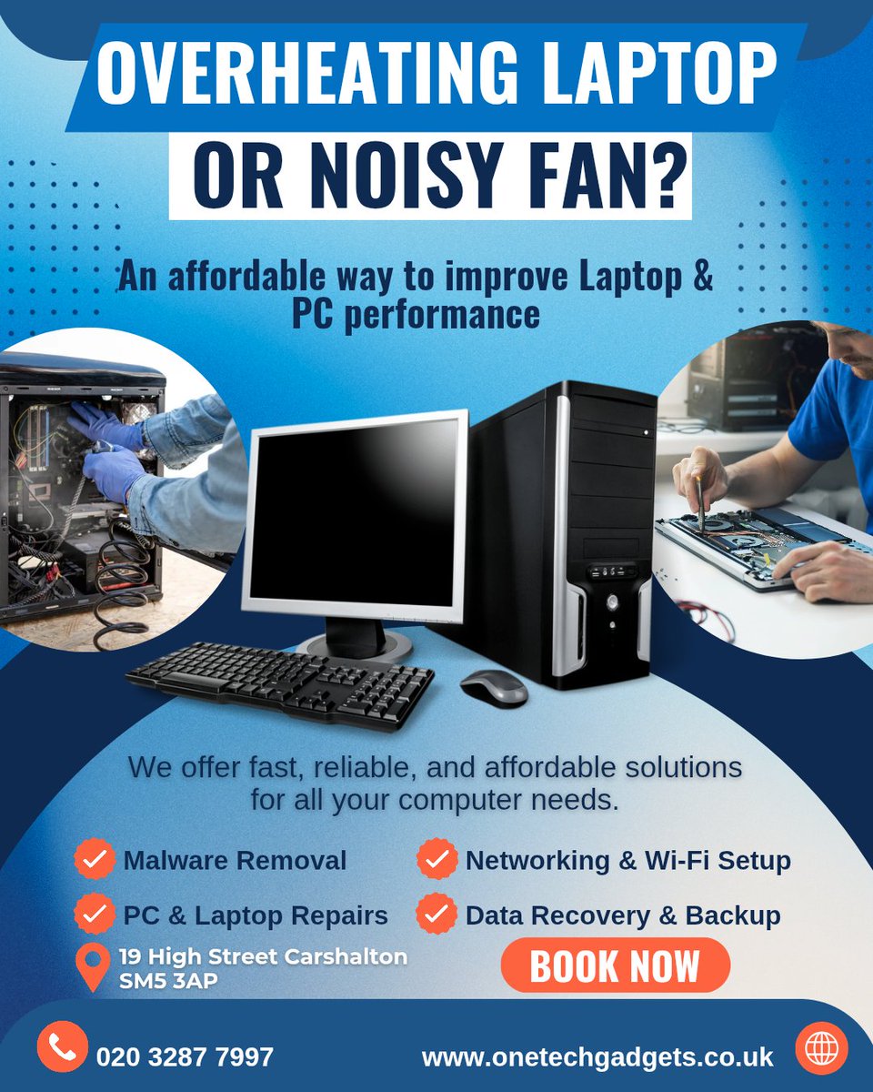 OneTech_Repairs's tweet image. 🔥 Overheating laptop or noisy fan?
Book your fan replacement or deep clean now – affordable and quick!
Visit our Outlet in #Carshalton High Street next to Domino&apos;s Pizza or contact Online for More Details 🔗 bit.ly/49tBv6S
#LaptopBattery #Laptoprepairs #computerrepairs