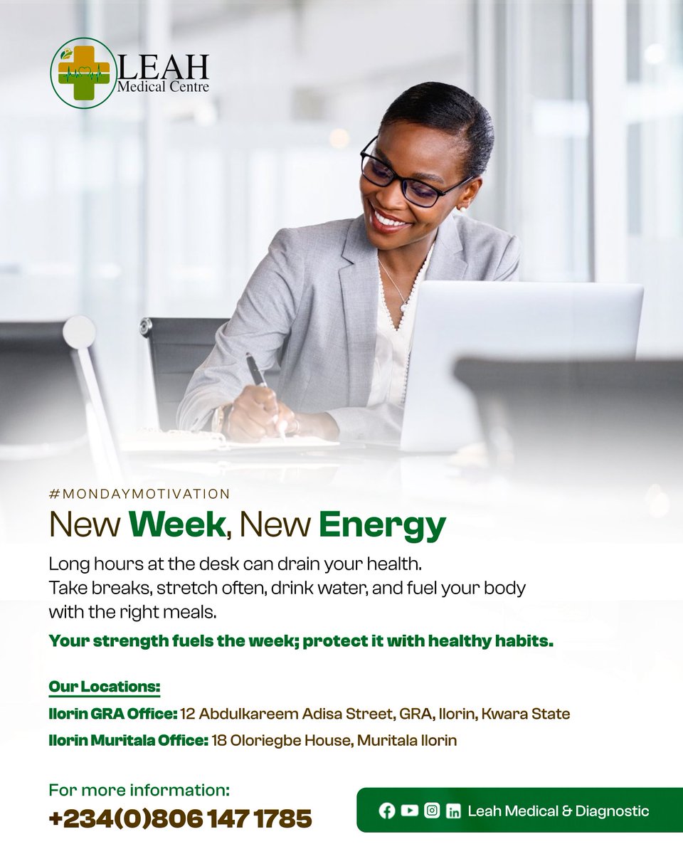 leah_foundation's tweet photo. Monday Motivation 💼✨
New week, new energy! 🌟 Remember to take breaks, stretch, drink water, and eat right — because your strength fuels the week. 💪💚
Let’s make healthy habits part of our success journey.

#MondayMotivation #NewWeekNewEnergy #LeahMedicalCentre https://t.co/tv54kds5o1