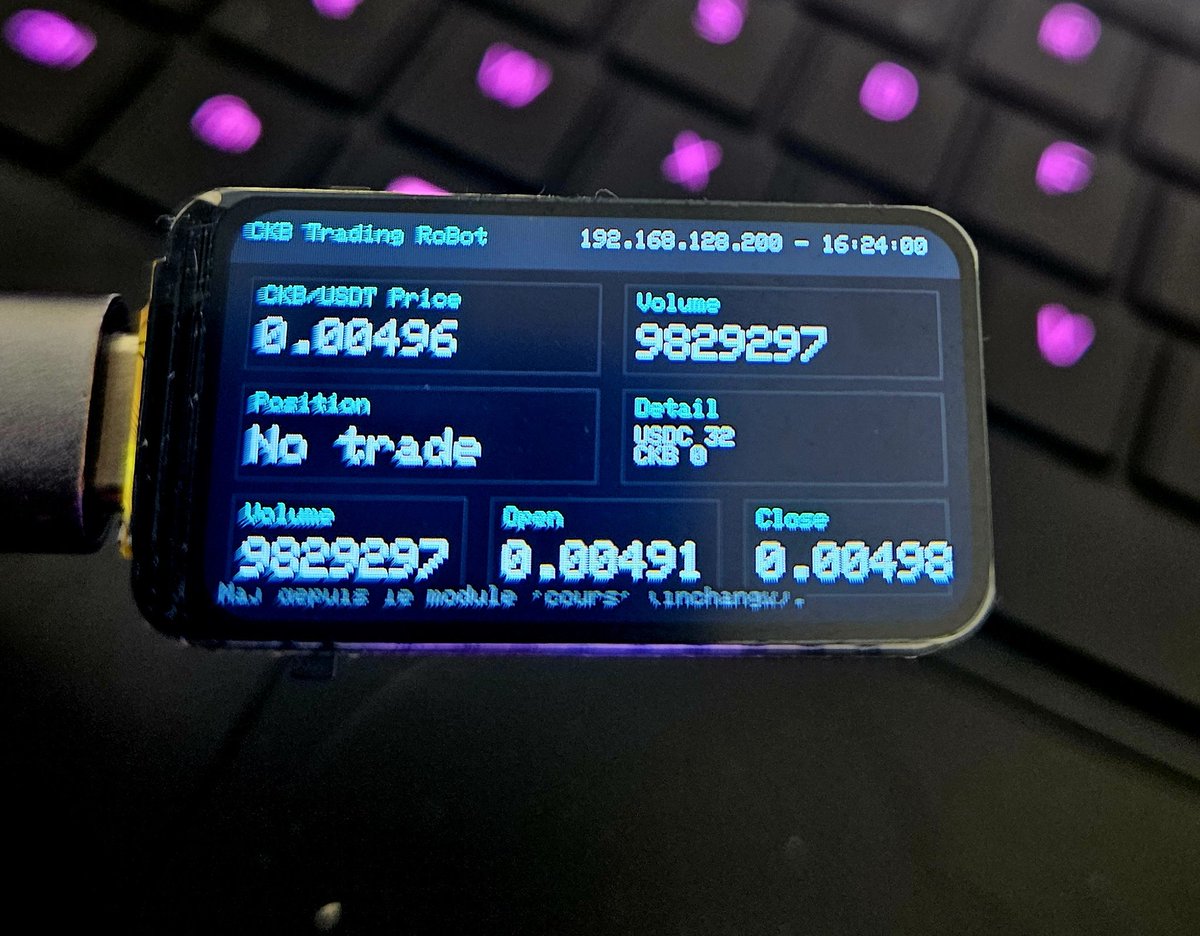 sulfuroid's tweet image. AFTER 1 YEAR IF simulated test. Finishing the code for my #esp32c6 @EspressifSystem #Binance #CKB @NervosNetwork mini Trading Bot. So excited. Shoud be finished today. Checks pair value, available USDC on spot account, engaged trades, set orders and trailing stop losses