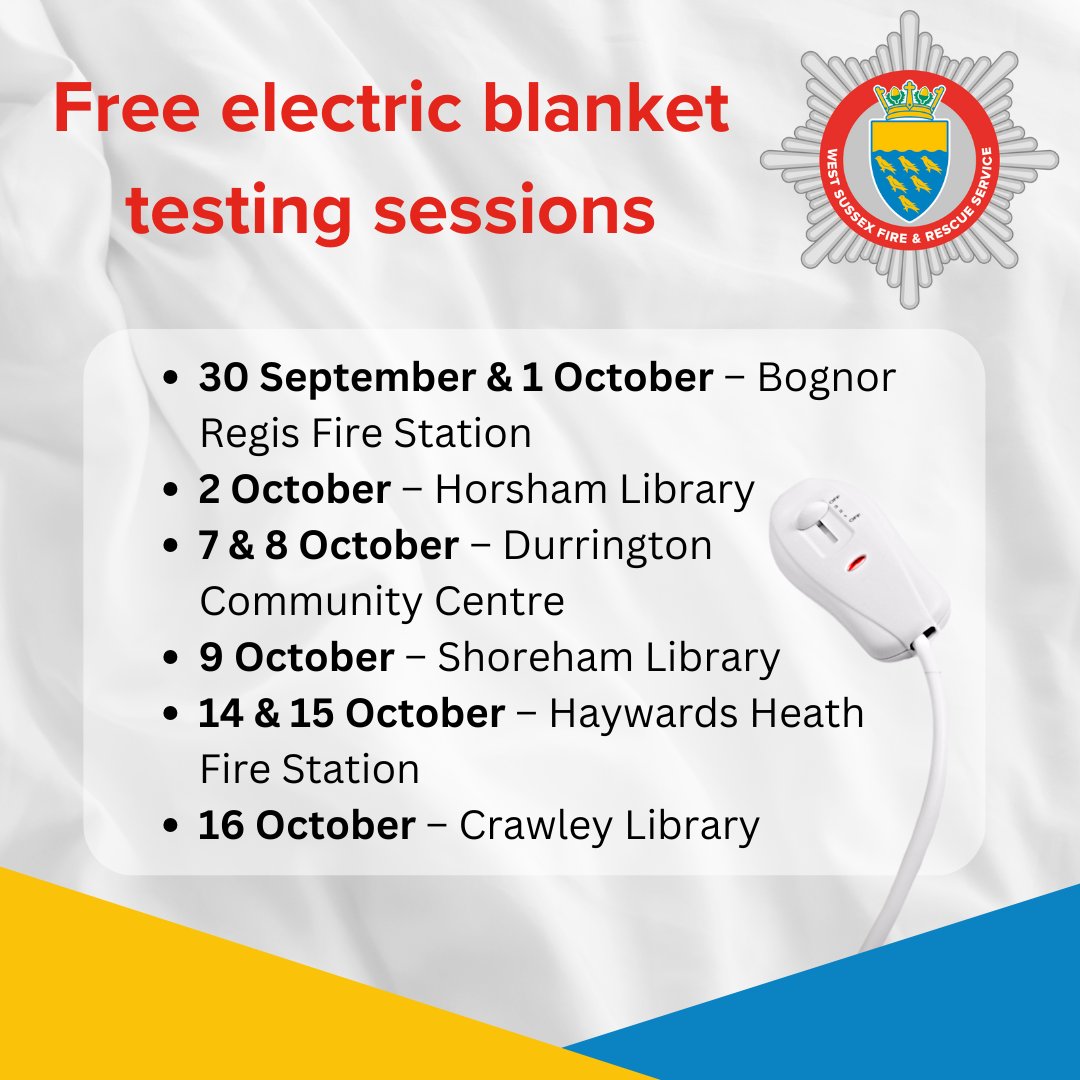 WestSussexFire's tweet image. Get your electric blanket tested for free this autumn at one of our upcoming sessions.
Last year 37% of the blankets we tested were defective! Faulty electric blankets are a common cause of fire in the home.