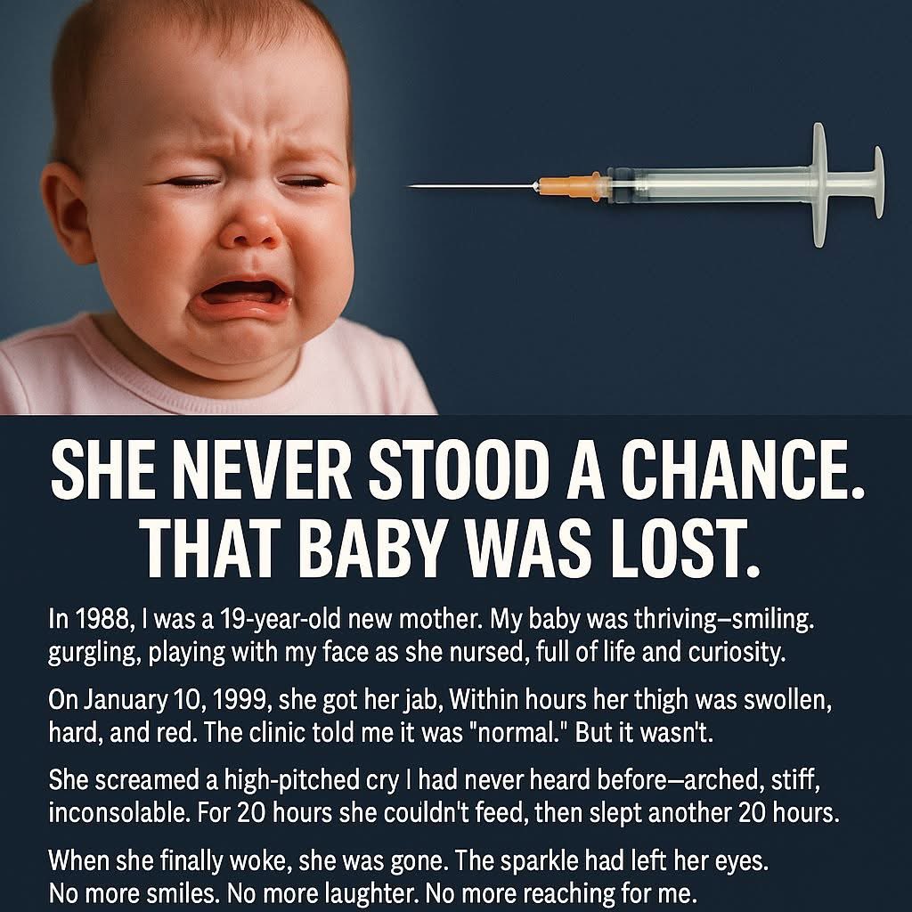 toobaffled's tweet photo. One baby - One single needle.
She never stood a chance. That baby was lost.
From Peta Dowle:
In 1988, I was a 19-year-old new mother. My baby was thriving — smiling, gurgling, playing with my face as she nursed, full of life and curiosity.

On January 10, 1989, she got her jab.
Within hours her thigh was swollen, hard, and red. The clinic told me it was “normal.”

But it wasn’t.
She screamed a high-pitched cry I had never heard before — arched, stiff, inconsolable. For 20 hours she couldn’t feed, then slept another 20 hours.

When she finally woke, she was gone. The sparkle had left her eyes. No more smiles. No more laughter. No more reaching for me.

From that day forward she was a stranger in her own skin. She lost her milestones overnight.

Today she is 28.
She cannot cross a road safely, cannot feel temperature, cannot judge time, cannot live independently. Predators see her as vulnerable.

The doctors stole her from me with a single needle — then told me it was “normal.”

This isn’t coincidence. This is the cost of blind trust.

They say she could have “died from measles.”
But there are fates far worse than measles.

Parents — read the inserts, research the ingredients, don’t let a white coat decide your child’s destiny.

👉 https://t.co/XkZ5o1Bxvi