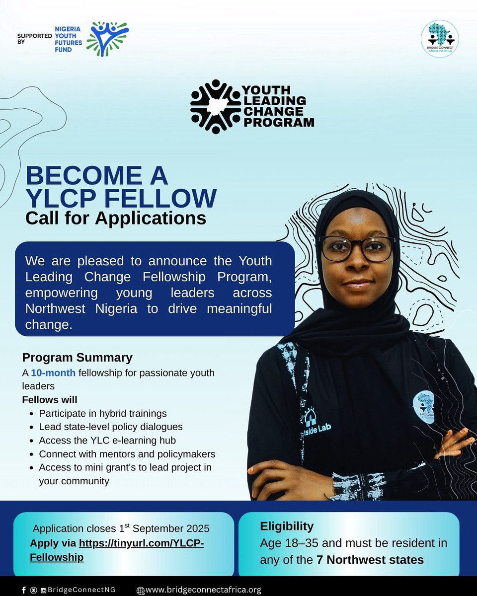 Bridge Connect (@bridgeconnectng) on Twitter photo Are you a young person passionate about driving change?
Bridge Connect with support from <a href="/ng_youthfund/">Nigeria Youth Futures Fund</a> is calling youth leaders (18–35) to apply for the Youth Leading Change Program Fellowship. Are you a young person passionate about driving change?
Bridge Connect with support from <a href="/ng_youthfund/">Nigeria Youth Futures Fund</a> is calling youth leaders (18–35) to apply for the Youth Leading Change Program Fellowship.