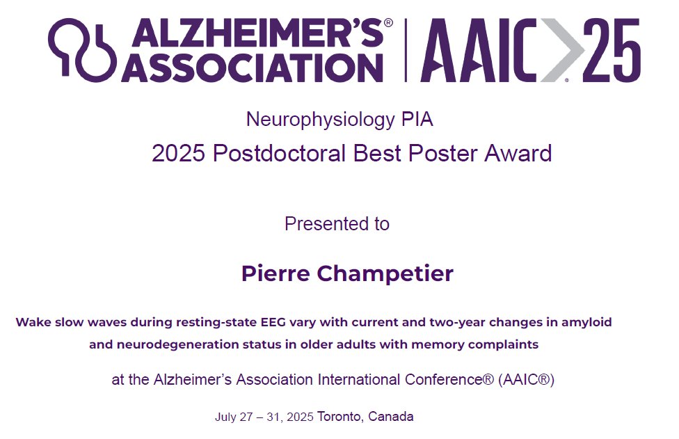 Champetier_P's tweet photo. 🙏 Honored and grateful to the Neurophysiology PIA for awarding me the ‘𝐏𝐨𝐬𝐭𝐝𝐨𝐜𝐭𝐨𝐫𝐚𝐥 𝐁𝐞𝐬𝐭 𝐏𝐨𝐬𝐭𝐞𝐫’ prize at AAIC (world’s largest research conference on Alzheimer’s disease and dementia) for my work on EEG wake slow waves in older adults 🧠
@alzassociation https://t.co/HJIvqvG0FU