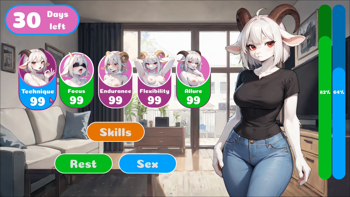 I've decided to do one more Stat Raiser but without the unnecessary fluff like shop, cooking, and other stuff.
Visuals subject to change.
#gamedev #indiedev #hentai #furry