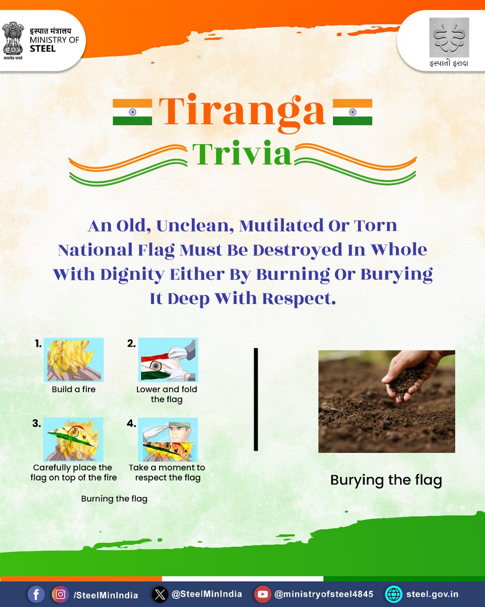 SteelMinIndia's tweet photo. An old, unclean, mutilated or torn National FlagЁЯЗоЁЯЗ│should be destroyed in whole, in private, with dignity тАФ preferably by burning.
It can also be respectfully buried deep after being duly folded.
#KnowYourTiranga #FlagCodeOfIndia #RespectTheFlag #TirangaTrivia #IndependenceDayFacts
@MinOfCultureGoI @MIB_India @mygovindia
