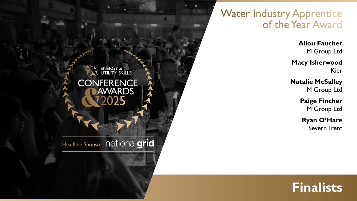 We are delighted to announce the finalists for the “Water Industry Apprentice of the Year Award”.

A huge congratulations to:
Aliou Faucher – M Group
Macy Isherwood – <a href="/kiergroup/">Kier Group</a>
Natalie McSalley – M Group
Paige Fincher – M Group
Ryan O’Hare – <a href="/stwater/">Severn Trent</a>

euskills.co.uk/energy-utility…