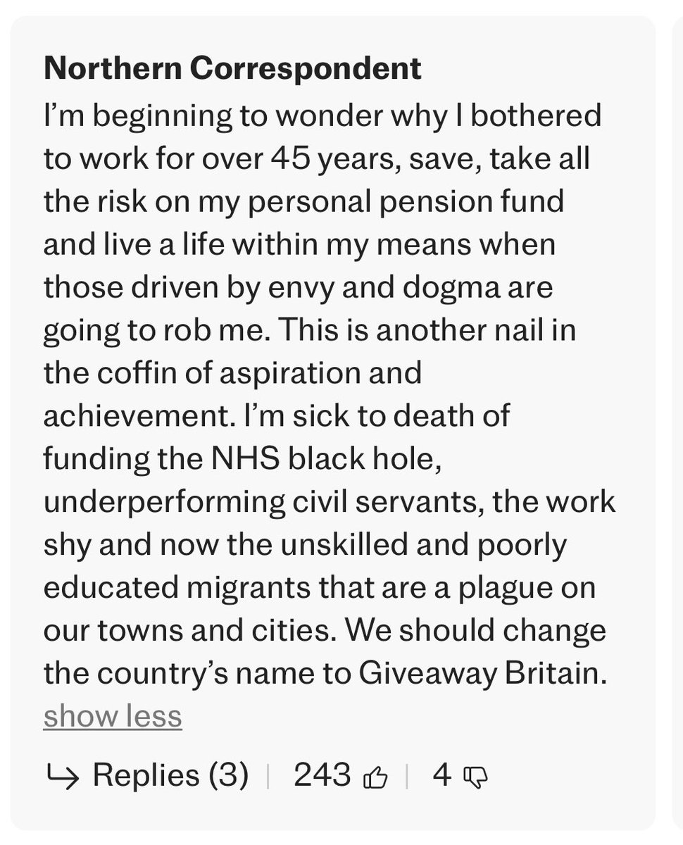 This comment on the Telegraph. Oof.