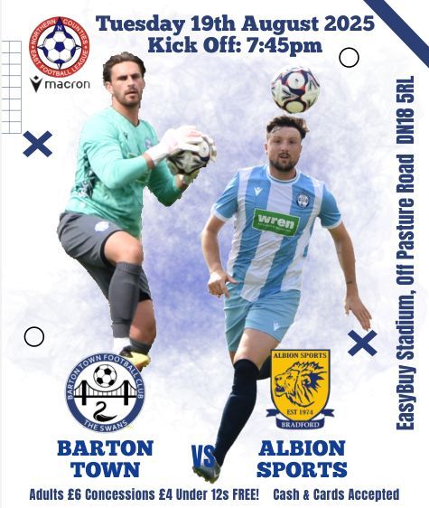 Barton Town are back in Macron <a href="/NCEL/">Macron NCEL</a> Premier Division competion on Tuesday evening when the visitors are Albion Sports <a href="/AlbionSportsAFC/">Albion Sports A F C</a> who will be looking for their first win of the season.