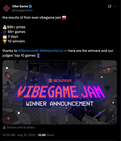 X에 게시된 VibeGame Jam 우승자 발표 스크린샷
