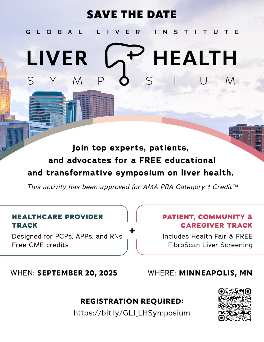 McUlsky Health Force (@theforce_mhf) on Twitter photo The Liver Health Symposium is back Sept 20 in Minneapolis—join us for a full day of (free!) expert-led sessions from Mayo Clinic focusing on early detection, lived experience, and better outcomes.
Hosted by <a href="/GlobalLiver/">Global Liver Institute</a> + <a href="/MayoClinic/">Mayo Clinic</a>.
🔗 globalliver.org/liver-health-s… The Liver Health Symposium is back Sept 20 in Minneapolis—join us for a full day of (free!) expert-led sessions from Mayo Clinic focusing on early detection, lived experience, and better outcomes.
Hosted by <a href="/GlobalLiver/">Global Liver Institute</a> + <a href="/MayoClinic/">Mayo Clinic</a>.
🔗 globalliver.org/liver-health-s…