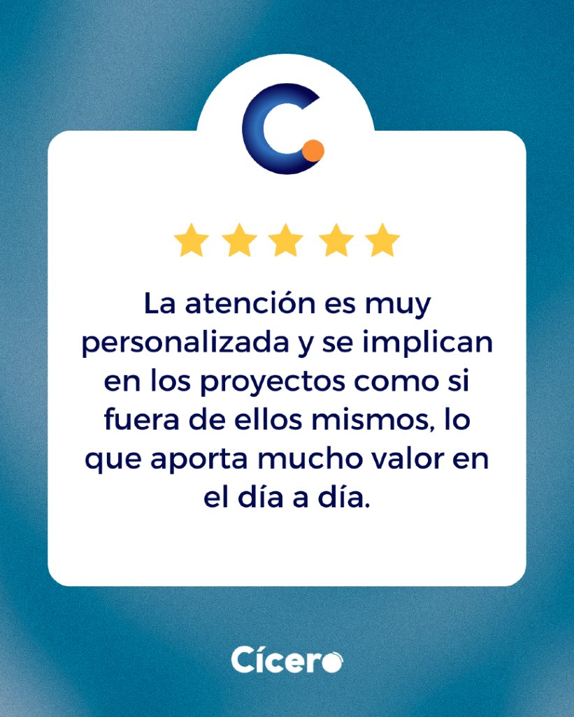 👉🏼 En Cícero nos esforzamos por ofrecer un 𝘀𝗲𝗿𝘃𝗶𝗰𝗶𝗼 𝗰𝗲𝗿𝗰𝗮𝗻𝗼, 𝗽𝗲𝗿𝘀𝗼𝗻𝗮𝗹𝗶𝘇𝗮𝗱𝗼 𝘆 𝗱𝗲 𝗮𝗹𝘁𝗮 𝗰𝗮𝗹𝗶𝗱𝗮𝗱.
⁣
Este testimonio así lo refleja. En Cícero, 𝘁𝘂 𝗲́𝘅𝗶𝘁𝗼 𝗲𝘀 𝗻𝘂𝗲𝘀𝘁𝗿𝗮 𝗽𝗿𝗶𝗼𝗿𝗶𝗱𝗮𝗱. 🚀⁣
⁣
¡Gracias por confiar en nosotros!