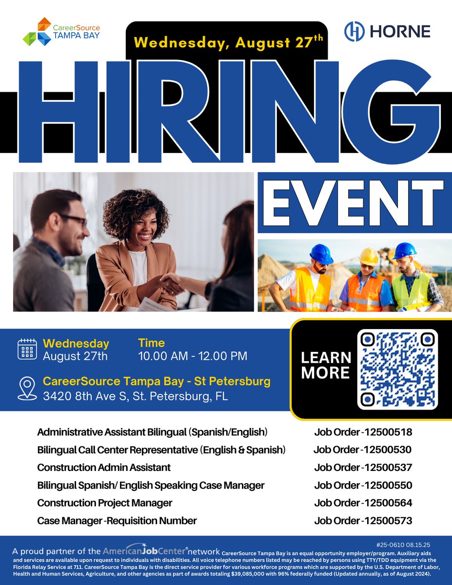 HIRING EVENT ALERT! 
Join HORNE LLP and CareerSource Tampa Bay for an in-person Hiring Event happening:

📅 Wednesday, August 27th
🕙 10:00 AM – 12:00 PM

Check out the job details and register today: careersourcetampabay.com/events/hornell…