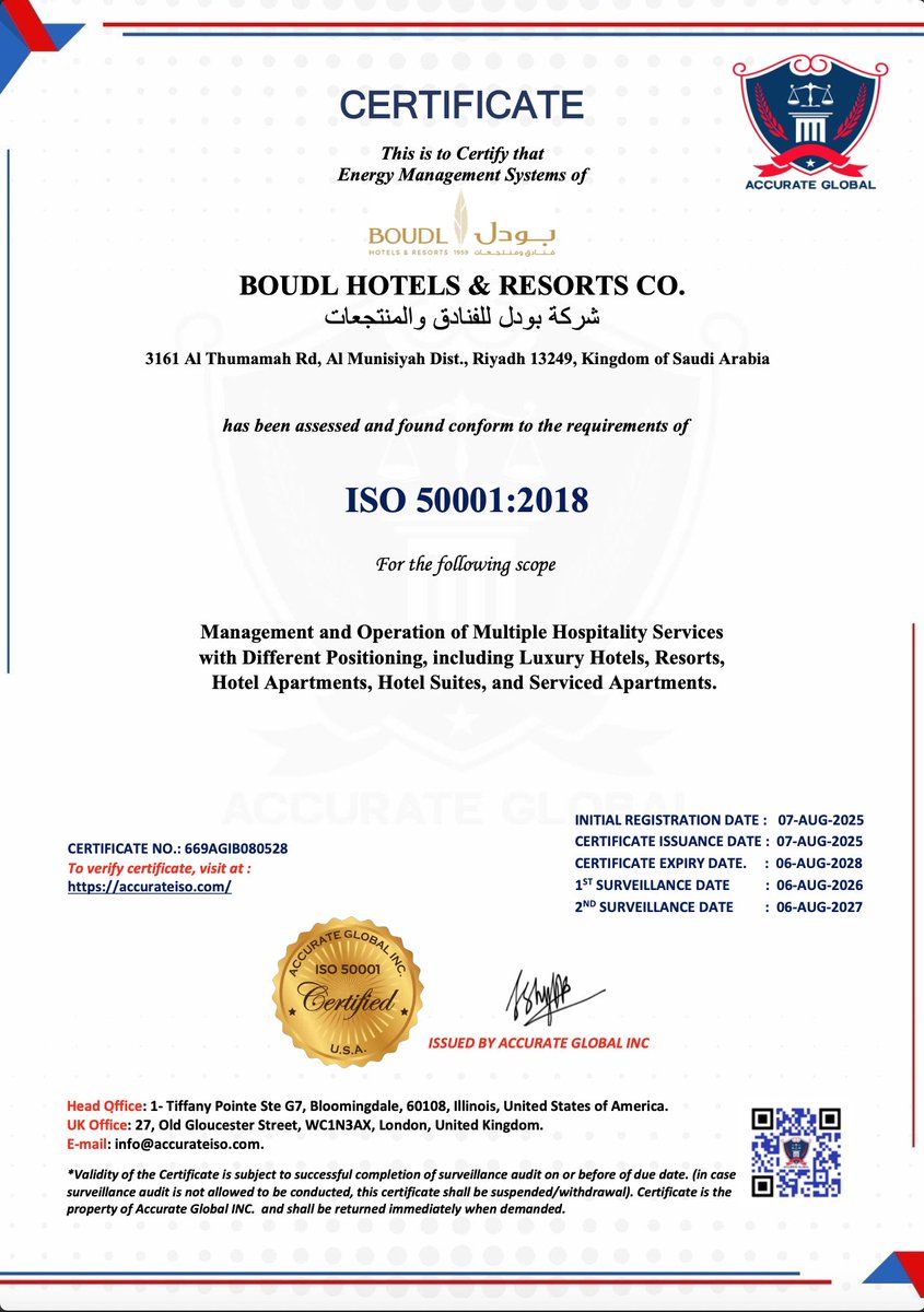 BoudlGroup's tweet photo. نفخر في مجموعة بودل للفنادق والمنتجعات بحصولنا على شهادتي ISO 14001 للإدارة البيئية و ISO 50001 لإدارة الطاقة، تأكيداً لالتزامنا بالاستدامة وتقديم ضيافة مسؤولة تواكب أهداف التنمية المستدامة. 🌍✨

#BoudlGroup #Sustainability #Hospitality #SaudiArabia https://t.co/ye6SNVCG7a