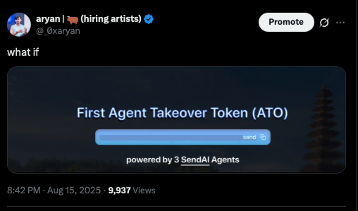 SendAI가 구동하는 최초의 Agent Takeover Token(ATO) 티저 스크린샷