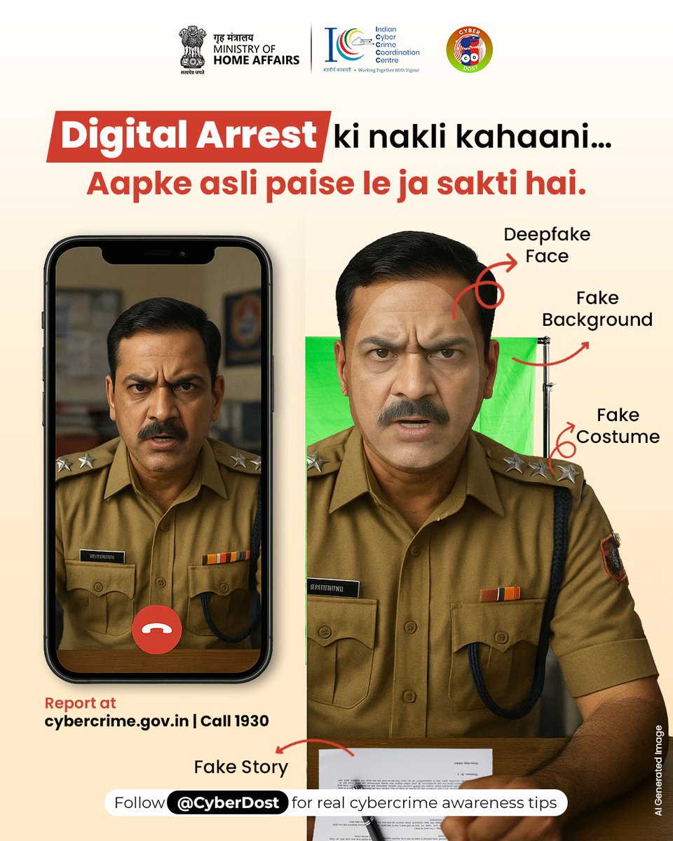 Cyberdost's tweet image. You Can’t Be Arrested Online! 

Scammers use fear, fake IDs &amp;amp; threats to trap you.

No law allows arrest via call or video.

Know your rights &amp;amp; follow CyberDost to stay alert.

#I4C #MHA #CyberDost #DigitalArrest #OnlineScam