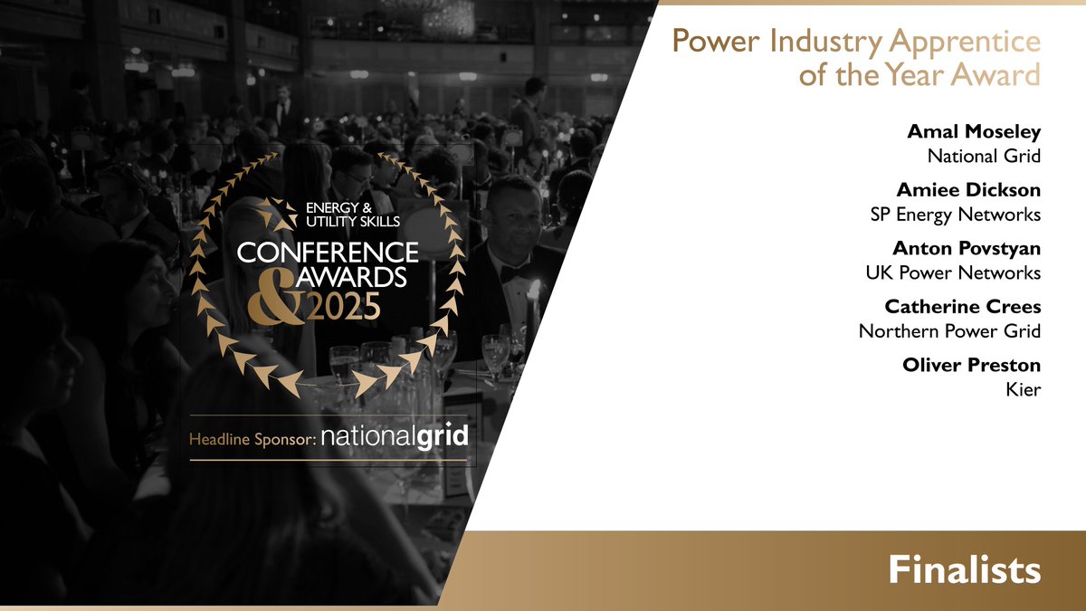 We are delighted to announce the finalists for the “Power Industry Apprentice of the Year Award”.

Congratulations to:

Amal Moseley – <a href="/nationalgrid/">National Grid</a>
Amiee Dickson – <a href="/SPEnergyNetwork/">SP Energy Networks</a>
Anton Povstyan – <a href="/UKPowerNetworks/">UK Power Networks</a>
Catherine Crees – Northern Powergrid
Oliver Preston – <a href="/kiergroup/">Kier Group</a>