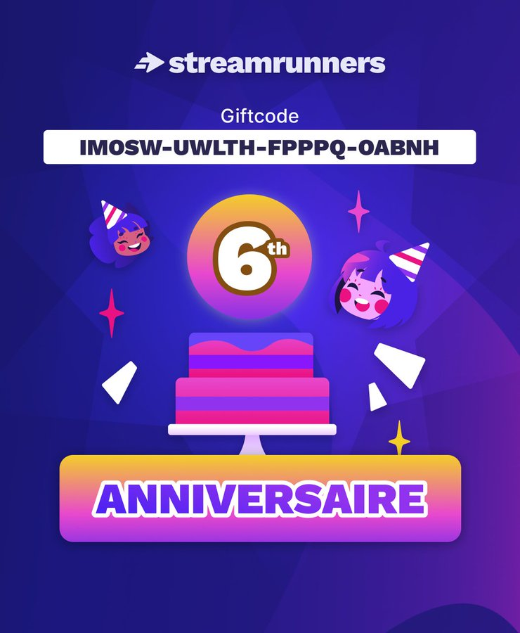 🎂C'est l'heure de souffler les bougies ! 🎂
StreamRunners fête ses 6 ans ! Merci à vous pour cette belle aventure.

Cette 6ème année, on n'a pas chômé :
- 2 éditions de <a href="/StreamMatesOff/">✨ StreamMates - Événementiel Twitch</a>
- Sortie de SR pre-v3
- Nouvelle DA
- Nouvelle page Raid Communautaire
- Nouveau Programme