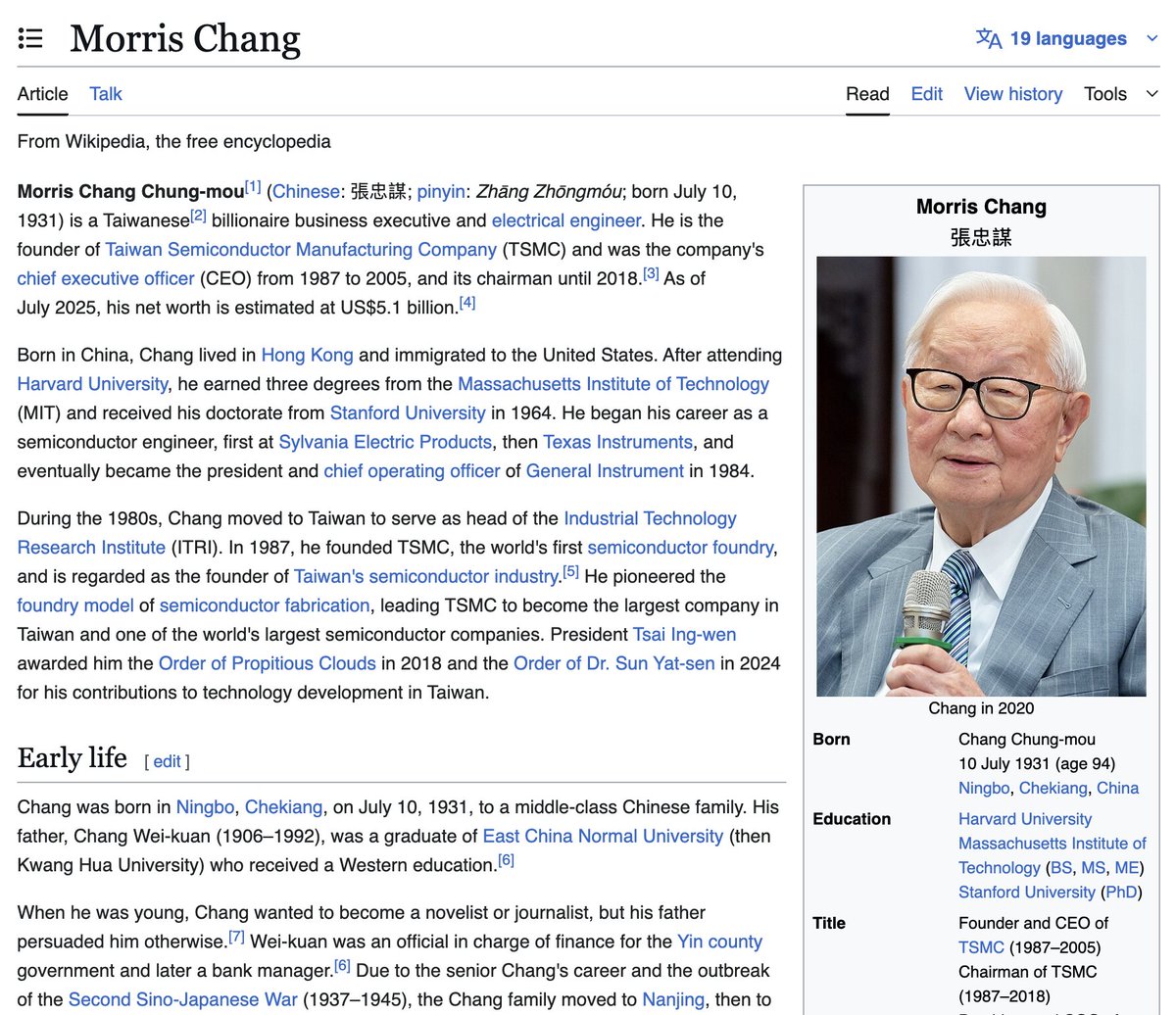 Morris Chang was a smart high schooler when the transistor was invented. He started working in the chip industry in *1958.* He founded TSMC in 1987 at the age of *56 years old.* He is 94 years old, still going, witnessing possibly the rise of AI and advising political leaders.