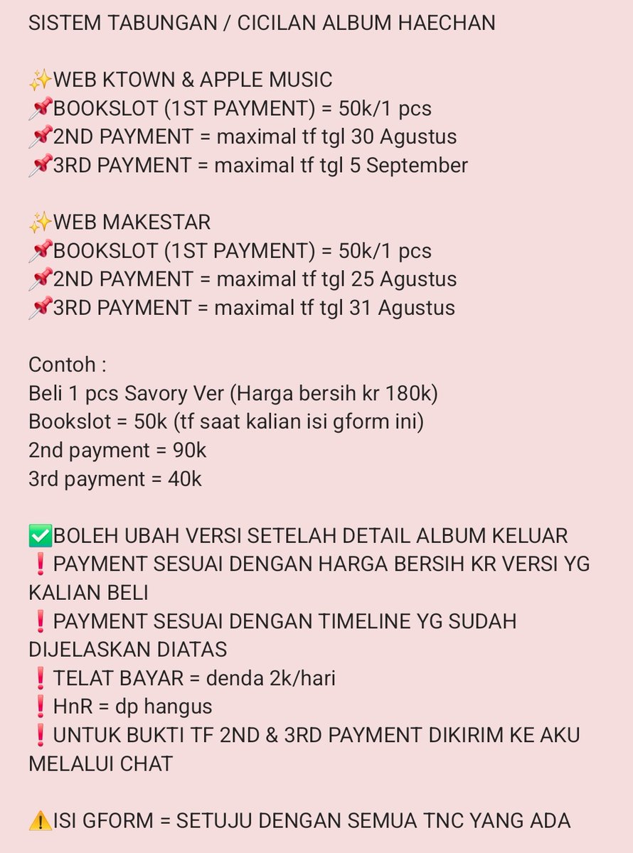 OPEN PO NON PROFIT 1ST ALBUM HAECHAN - TASTE

📌WEB MAKESTAR
📌WEB APPLE MUSIC
📌WEB KTOWN

✅️BISA TABUNGAN / CICILAN MINIMAL 50K

⚠️CLOSE PO
KTOWN &amp; APPMUS ➡️ 5 SEPTEMBER
MAKESTAR ➡️ 31 AGUSTUS

detail harga &amp; tnc tabungan / cicilan⬇️⬇️