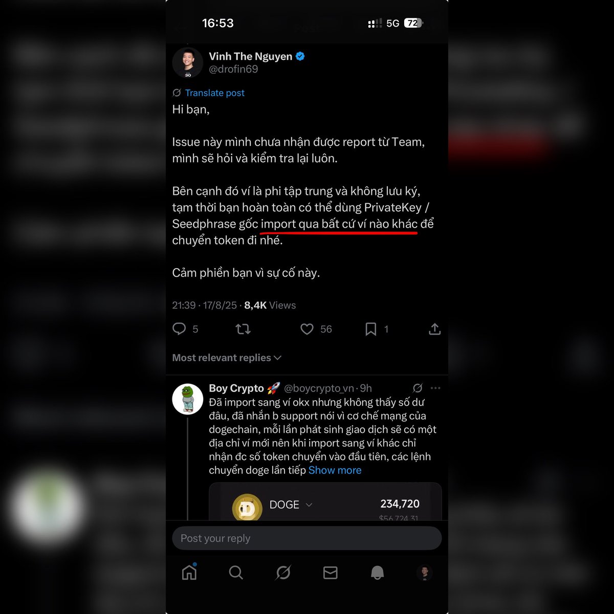 drofin69's tweet photo. / Bạn @boycrypto_vn dùng ví Coin98, gặp sự cố không chuyển được DOGE qua ví khác /

🔥 1/ Context

Vấn đề của bạn dính trúng cuối tuần, mặc dù vẫn có hỗ trợ kỹ thuật tuy nhiên cuối tuần thì cũng không available đủ cả Team để xử lý được issue này ngay. Hôm nay thứ 2 và issue được đưa lên ưu tiên cao nhất để xử lý hỗ trợ đặc biệt cho bạn.

🔥 2/ Nguyên nhân

Cơ chế của Bech32 Standard trên DOGE Chain giống với Bitcoin Bech32, mỗi khi có giao dịch gửi token vào thì sẽ gen ra một địa chỉ ví mới.

Điều này dẫn tới rủi ro gì? Nếu như bạn quên không copy last address mà cứ gửi token vào địa chỉ cũ thì token của bạn có thể sẽ mất, không dò khôi phục lại được.

Thông thường các ví trên thị trường chỉ đơn giản là get balance của address cuối cùng. Coin98 Wallet là ví hiếm hoi phát triển cơ chế revert để có thể scan tổng hợp ra tất cả tài sản ở mọi địa chỉ trong lịch sử. Kỹ thuật này khá "nặng" về performance để có thể sử dụng mượt mà trên tệp ví số lượng lớn.

Đó cũng là lý do tại sao bạn import Seed Phrase sang Okx hay ví khác nhưng không hiển thị đủ số dư, vì chỉ hiện token trong last address mà thôi. Do đó tạm suy luận nguyên nhân sâu xa ở đây là có thể trước đó bạn ấy đã gửi token vào địa chỉ ví cũ nên mới bị tình trạng như vậy.

🔥 3/ Kết quả

Team đã hotfix ngay trong buổi sáng, build deploy nóng một bản app mới gửi cho bạn buổi chiều hôm nay.
Bạn thông báo đã gửi được toàn bộ token đi, dùng ví Coin98 hay nhiều ví nào khác thì mình không rõ.

Vấn đề ở đây không phải ví Coin98 lag hiển thị sai số dư như một số comment, nó hiển thị đúng số dư của toàn bộ tài sản trong tất cả các ví được gen ra trong lịch sử giao dịch của cùng Seed Phrase đó, trong khi hầu hết các ví khác không được trang bị tính năng này. Lỗi chính xác là ở tính năng transfer trên DOGE Chain.

Trong case này, sản phẩm có lỗi gây bất tiện cho người dùng, trước tiên mình gửi lời cáo lỗi và cảm phiền tới bạn Boy Crypto. Cũng gửi lời cảm ơn vì bạn đã ủng hộ Team, mình thấy bạn còn sử dụng Zen Card nữa.

Sản phẩm trong quá trình phát triển và vận hành thì không tránh khỏi những lỗi phát sinh, Team luôn cầu thị và sẵn sàng hỗ trợ nhiệt tình mọi vấn đề, đó là điều quan trọng nhất. Kể cả điều tra nguyên nhân hay sửa lỗi thì cũng cần nhiều thời gian tuỳ vào từng case. Mong anh em hoan hỉ, kiên nhẫn và thông cảm.

🔥 4/ Kết luận

Ví phi tập trung không lưu ký (non-custodial) tuyệt đối không có chuyện giam fund người dùng, là bất khả thi về technical.
Your Key - Your Coin!

Hãy trở thành một người dùng thông thái!

—

Ngoài lề chút:

Khi thấy topic, mình đã trực tiếp nhận issue trao đổi clear lại với Team để nhanh chóng hỗ trợ, bên cạnh đó comment giải thích rất rõ và lịch sự tại post rằng vấn đề này không phải là giam fund gì hết, ví non-custodial không thể làm được chuyện đó, chỉ cần tạm import sang ví khác là được.

Tuy nhiên bạn vẫn lên post khẳng định ví giam fund người dùng, nên mình mới đưa ra một ví dụ sát nhất có thể về "xe điện" để giải thích, trong khi đó Team vẫn đang gấp rút fix và build bản app mới để hỗ trợ bạn.

Mình hoàn toàn không có nhu cầu đôi co, hay có lời lẽ gay gắt với bạn.

Ngoài ra các thành phần cố ý vào hùa theo chửi rủa hạ bệ tát nước theo mưa kiểu thiếu hiểu biết thì thôi cho qua 😁