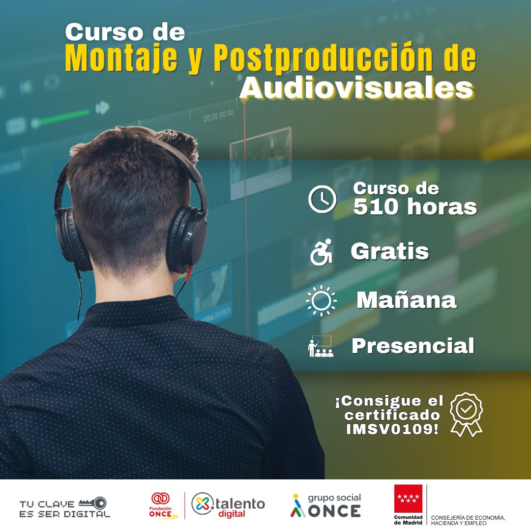 🎧 Aprende a trabajar en montaje y postproducción de Audiovisuales de la mano de #XTalentoDigital 

♿️Inscríbete a esta formación de 510 horas gratuita para personas con #discapacidad 

🚨¡Es tu oportunidad! 👇 
portalentodigital.fundaciononce.es/node/29552?utm…
