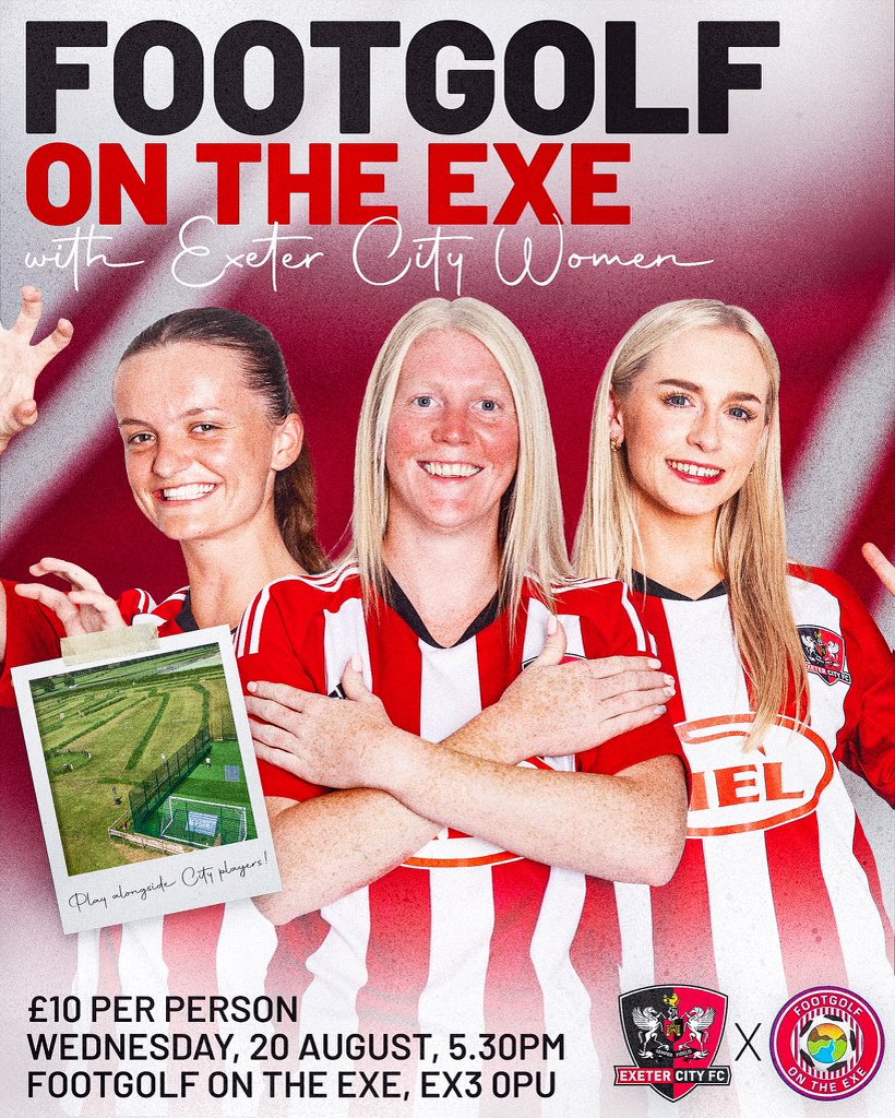 Exeter City FC (@officialecfc) on Twitter photo ⛳️ Looking for a fun family evening out this Wednesday?
Join <a href="/ExeterCityWFC/">Exeter City Women FC</a> at Footgolf on the Exe, bring the whole family and see if you can beat the players!
🎟️ Tickets are just £10 - get yours here ➡️ exetercityfc.ktckts.com/event/exefootg…
#ECFC #SemperFidelis ⛳️ Looking for a fun family evening out this Wednesday?
Join <a href="/ExeterCityWFC/">Exeter City Women FC</a> at Footgolf on the Exe, bring the whole family and see if you can beat the players!
🎟️ Tickets are just £10 - get yours here ➡️ exetercityfc.ktckts.com/event/exefootg…
#ECFC #SemperFidelis