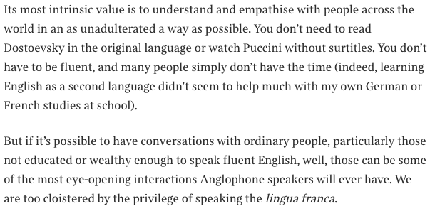 Britain is becoming ever more monoglot, starting from its schools. More 18 year olds take A-Levels in PE (Physical Education) than French, German and ancient languages combined, according to a recent <a href="/HEPI_news/">Higher Education Policy Institute</a> report

I've written this week on why this is worrying. Beyond more