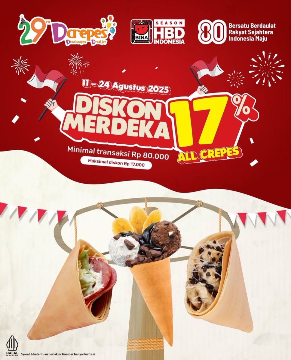 PlazaSenayan's tweet photo. Jajan Dcrepes sekarang dan dapatkan diskon 17% dengan transaksi minimal 80K!
Berlaku hingga tanggal 24 Agustus 2025.
Syarat dan Ketentuan berlaku.
Kunjungi Dcrepes Plaza Senayan, Food Court, Level 3.
#WhatsOnPlazaSenayan #PlazaSenayan #Dcrepes https://t.co/Y9GfAXIVYp