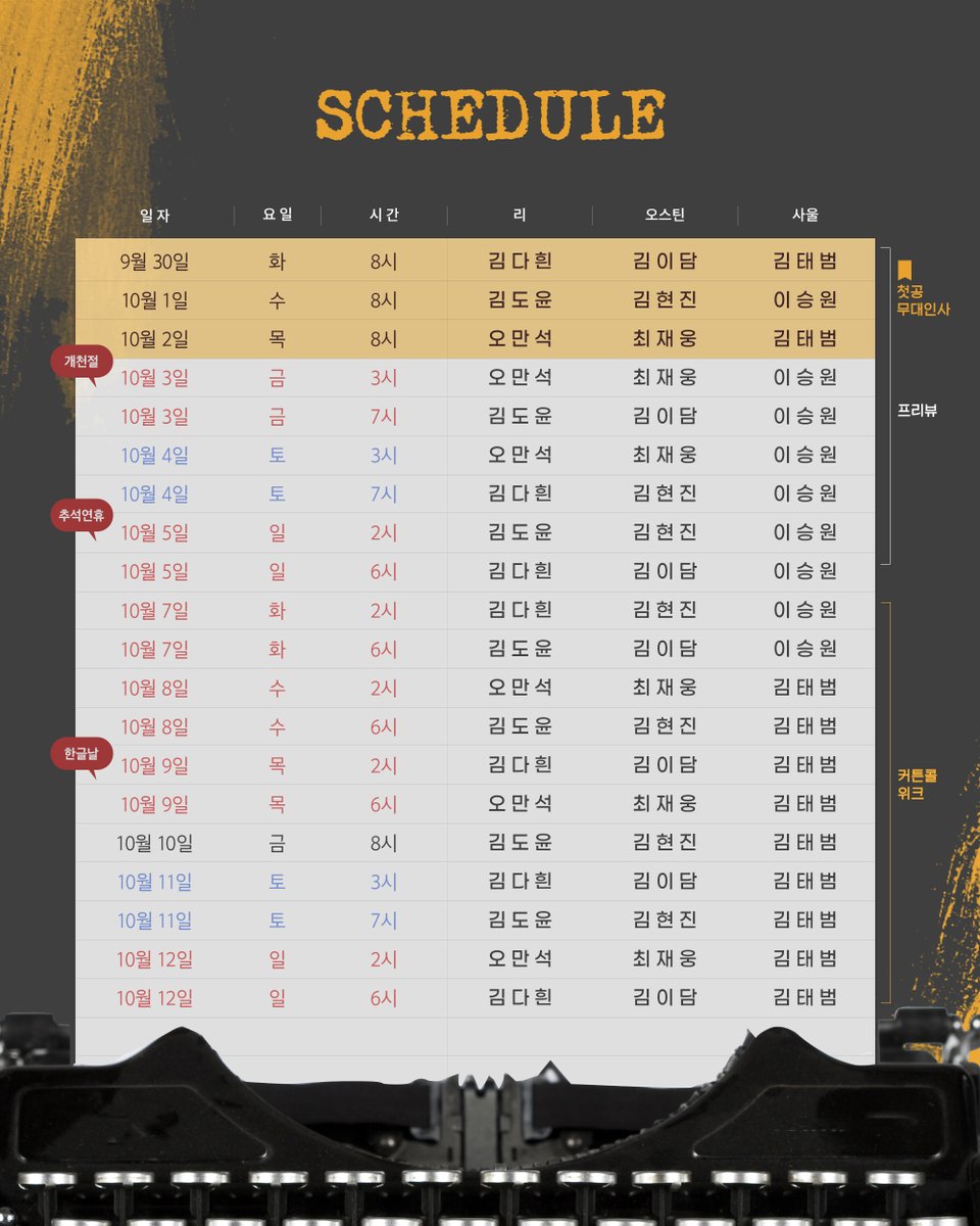 rnbtheatre_kr's tweet photo. [#트루웨스트] TRUEWEST🍞

프리뷰&amp;1차 티켓 캐스트 스케줄 안내

🍞첫공 무대 인사
9/30(화) - 10/2(목) 

🍞커튼콜 위크
10/7(화) - 10/12(일)

2025.09.30 - 12.14
예스24아트원 2관
#연극 #트루웨스트 #TRUEWEST https://t.co/9TvPS1eyzO