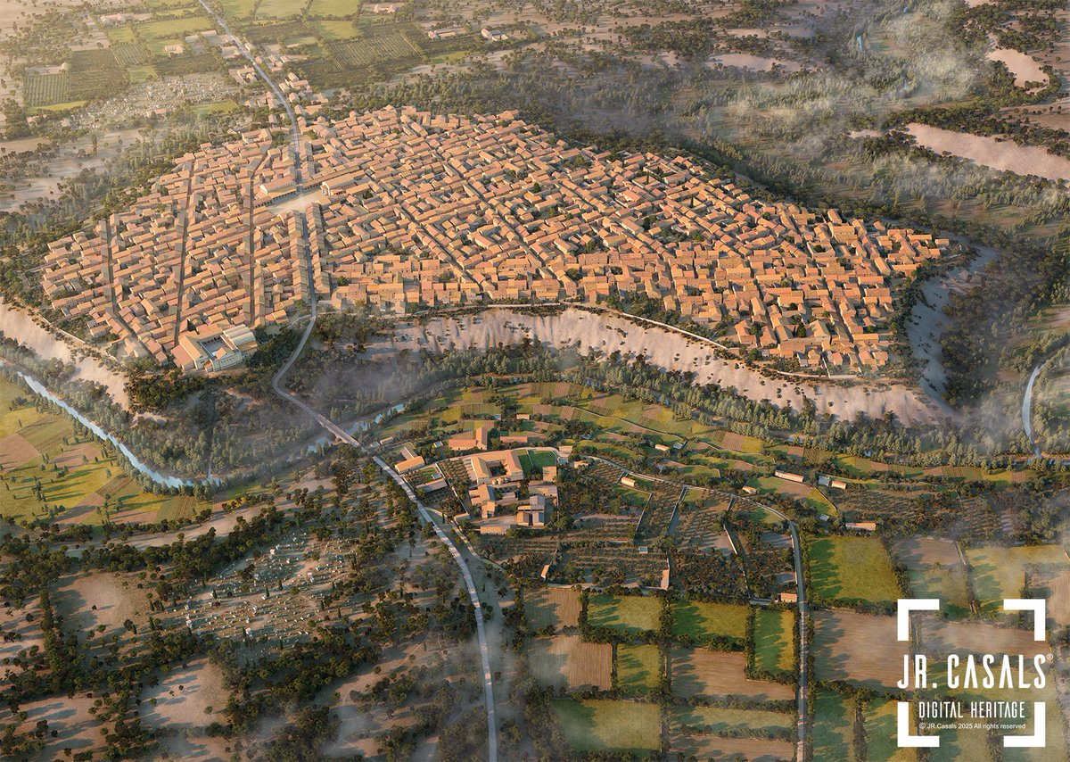 #ReconstrucciónVirtual de Cauca (Coca, Segovia) en el siglo II, basada en sondeos arqueológicos, una ciudad menos monumental que mantiene una estructura organizada por sus ejes viarios, la necrópolis y el puente sobre el río Eresma. Encargo de la Diputación de Segovia. #remember