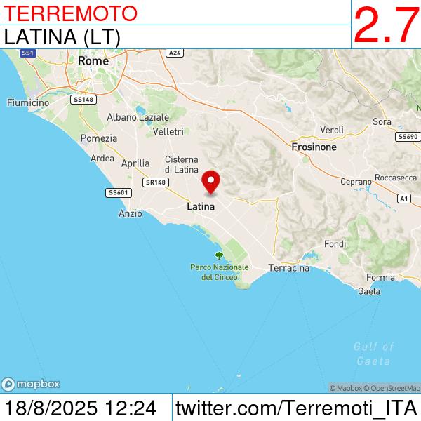Lieve #terremoto alle 12:24
Epicentro: Latina (LT)
Magnitudo: 2.7
Profondità: 8.0 km
Dettagli: terremoti.ingv.it/event/43789412
Aiuta questo progetto 💚🤍❤️: patreon.com/TerremotiinIta…