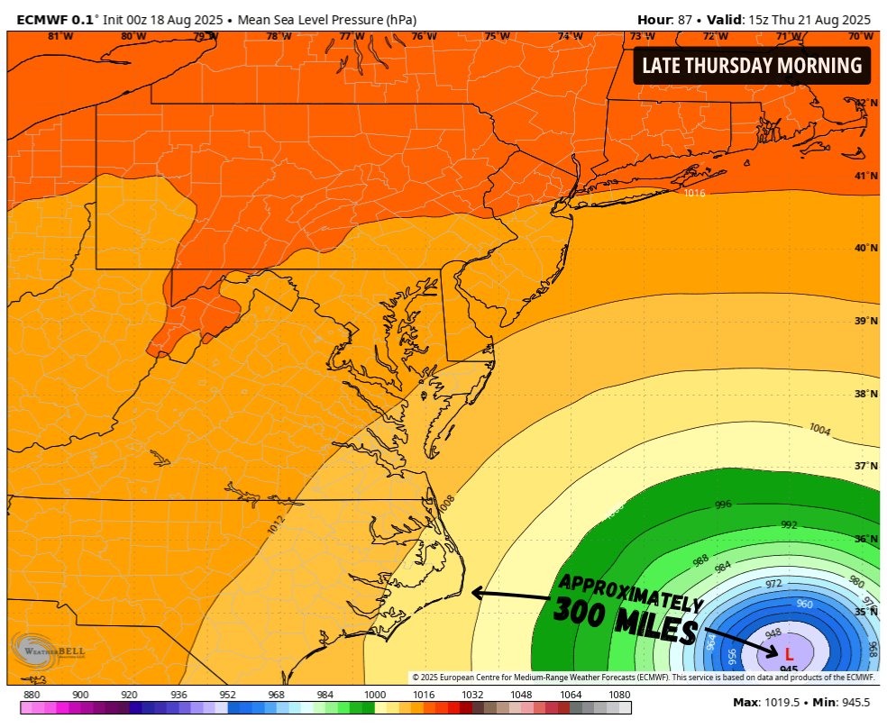 MarkShanaberger's tweet photo. #HurricaneErin is shifting west, projected to pass ~300 miles east of Cape #Hatteras near major #hurricane strength late Wednesday–Thursday. Dangerous #surf & #rip currents hit the #Carolina coast Tuesday–Thursday, with rough surf from #Florida to #NewEngland all week.
#Erin https://t.co/EeGc21l7eS