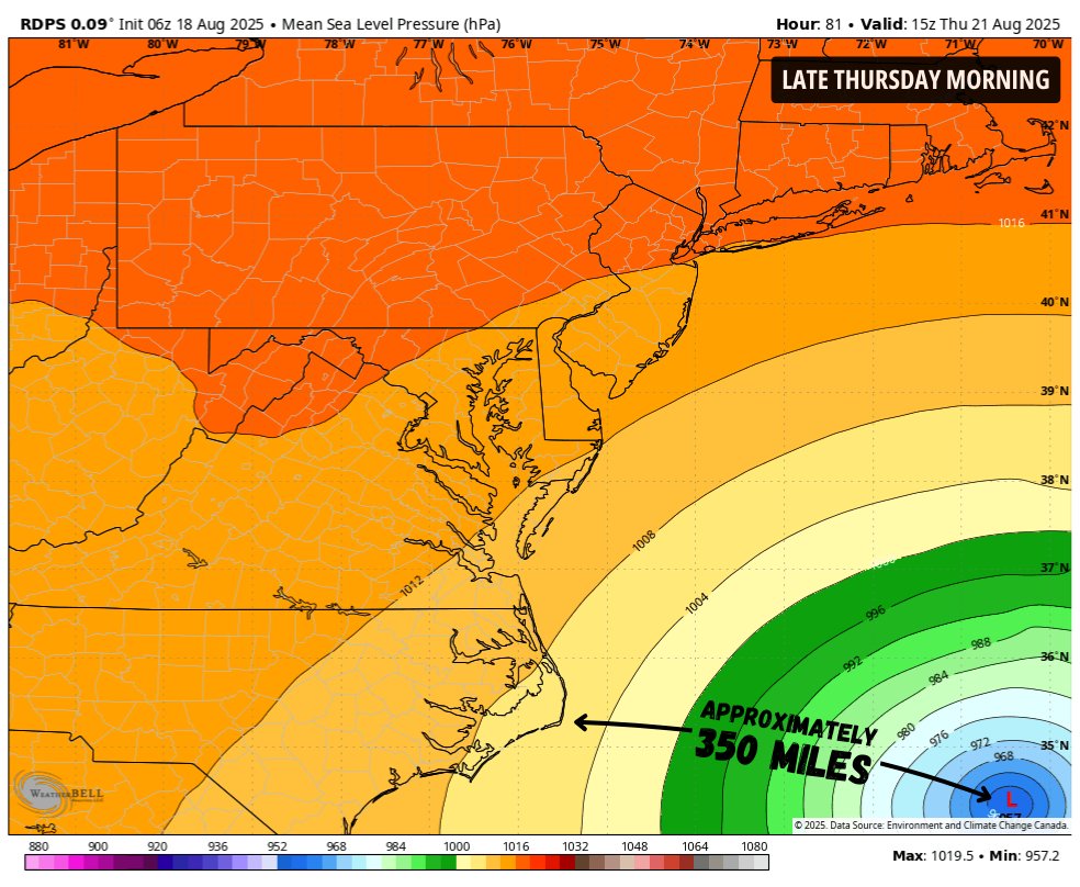 #HurricaneErin is shifting west, projected to pass ~300 miles east of Cape #Hatteras near major #hurricane strength late Wednesday–Thursday. Dangerous #surf &amp; #rip currents hit the #Carolina coast Tuesday–Thursday, with rough surf from #Florida to #NewEngland all week. 

#Erin