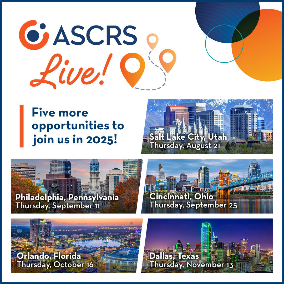 The next ASCRS Live! event, which features dinner and ASCRS CME, will take place this week in Salt Lake City! Plus, there are  several other locations to attend this year.

Register here for this complimentary networking and educational experience bit.ly/42dlT5i