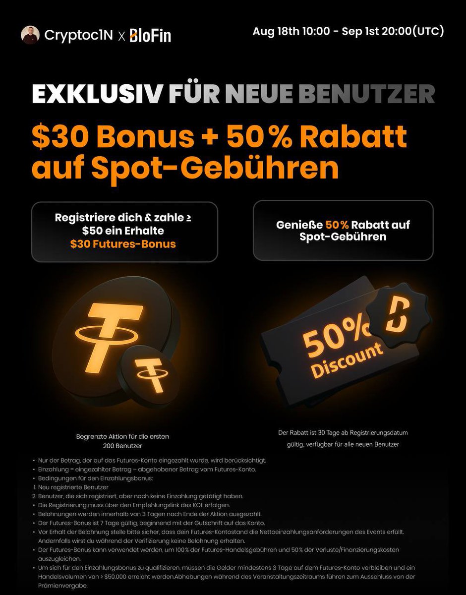 Cryptoc1N's tweet image. Große Neuigkeiten: Meine Partnerschaft mit der Börse BloFin!
Link: partner.blofin.com/d/Cryptoc1N
Ich freue mich riesig, euch mitteilen zu können, dass ich nun offiziell Partner der Krypto-Börse BloFin bin! Dies ist für mich ein großer Schritt, und ich bin unglaublich stolz, diese…