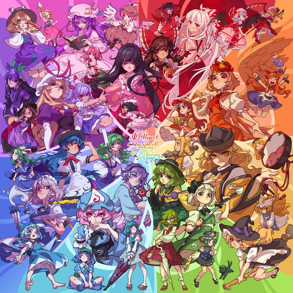 It's done. It's complete. Finished. Ended. Concluded. 
My Touhou Project Color Wheel Challenge is officially over!!
37 characters and two years in making. Never thought it would take so long, but I am happy to be free from it at last!