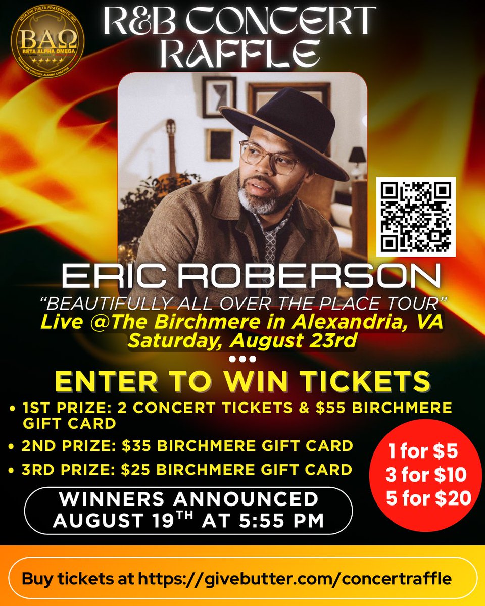 northernvaiotas's tweet photo. Last Chance (Aug 18):
🔥 FINAL DAY BEFORE DRAWING! 🔥
Enter now for a shot at 2 concert tickets to see Eric Roberson LIVE Aug 23.
Winner announced TOMORROW!  Scan QR code to enter! #ericroberson #dmvconcerts #ConcertTickets #birchmere #northernva https://t.co/rtgP3fQxPK