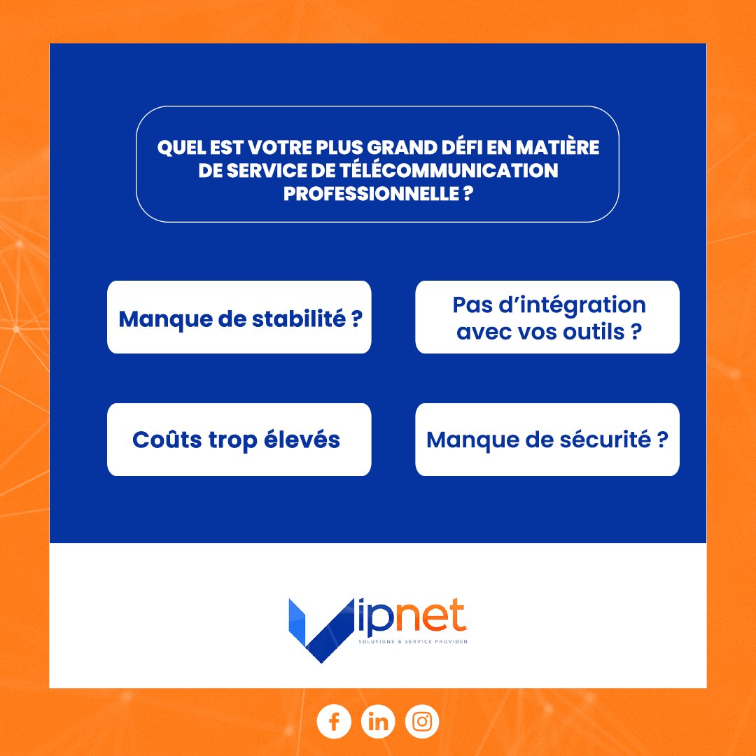 VIPNET_CI's tweet image. Aujourd’hui, quel est votre plus grand défi en matière de services de télécommunication professionnelle ?
Dites-nous en commentaires !
#Communicationdentreprise #TéléphonieProfessionnelle #outilsB2B #VIPNET