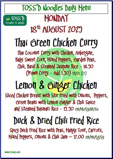 MONDAY: 18/08/2025
CALL &amp; COLLECT - Call 018291607
.
.
.
#tossd #lunchdublin #noodles #ramen #lunch #chqdublin #lovindublin #restaurants #food #LunchTime #eat #fresh #thaifood #vegetarian #vegan #lunchbreak #lunchspecial #lunchmenu #asianeats #asianfood #thai #dublinfoodie