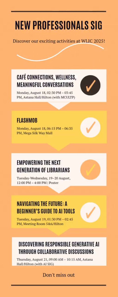 2 activités des Nouveaux professionnels ouvertes à tou-te-s ce soir au #WLIC2025:
- 18h15 Flashmob à l’entrée du Mega Silk Way Mall (apportez un livre ou lisez sur votre téléphone !)
- 19h30 Happy Hour au Leprechaun Pub