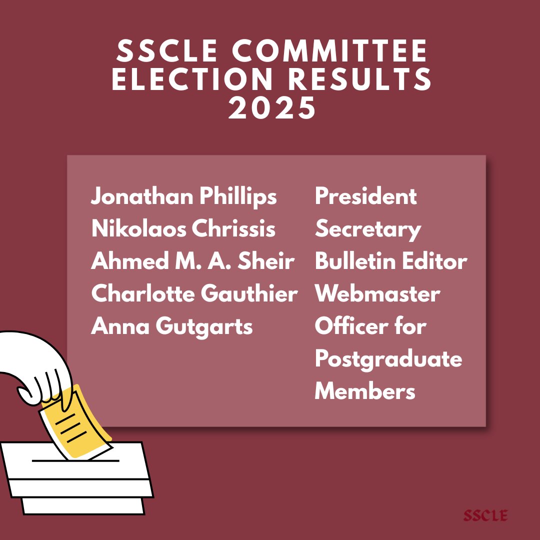 🎉 SSCLE Election Results 🎉

We’re delighted to share the results of the recent SSCLE Committee elections!
A total of 180 ballots were cast — thank you to everyone who took part.

Here’s to another exciting chapter for the SSCLE! 🚀