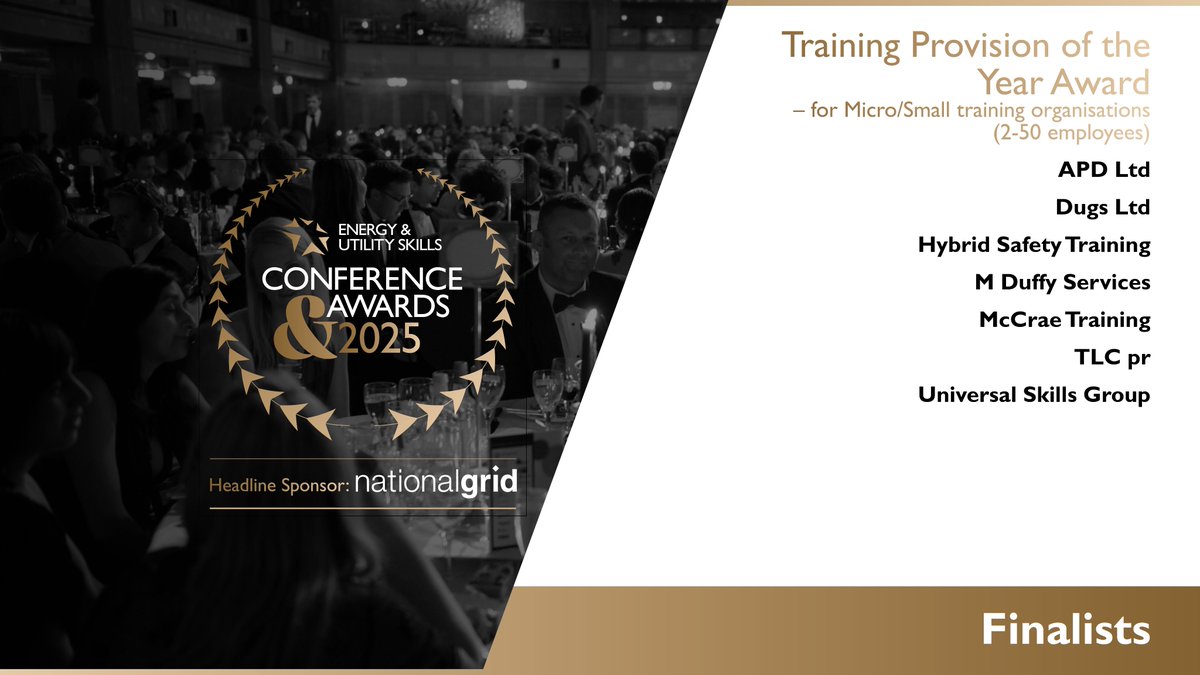We are delighted to announce the finalists for the “Training Provision of the Year Award - (2-50 employees)”.

A huge congratulations to:
APD Ltd
Dugs Ltd
Hybrid Safety Training LTD
M Duffy Services
McCrae Training Limited
TLC pr
Universal Skills Group

euskills.co.uk/energy-utility…