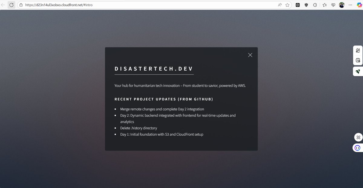 azaynul123's tweet image. Day 2 done in #cloud-launch-challenge-1: DisasterTech.dev now dynamically pulls GitHub updates &amp;amp; logs visitors via @awscloud  Lambda/DynamoDB/API Gateway! From static to serverless magic.  Live: d23n14ul3xobxo.cloudfront.net Code: github.com/azaynul10/disa… #AWS #HumanitarianTech