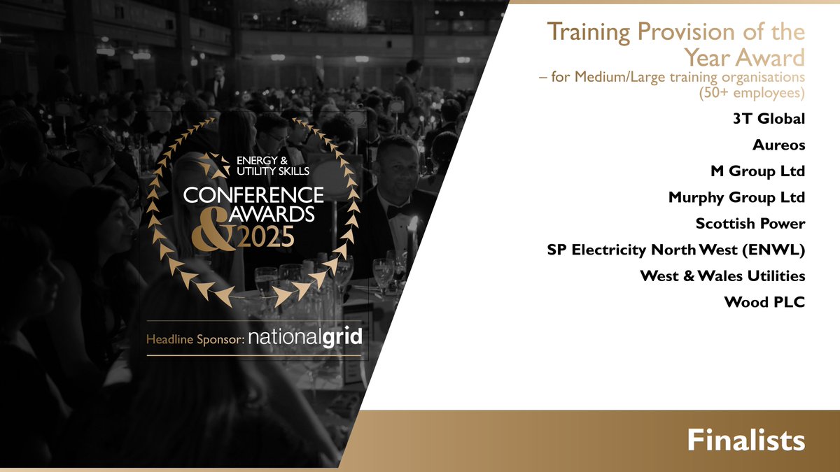 We are delighted to announce the finalists for the “Training Provision of the Year Award – (50+ employees)”.

Congratulations to:
3t | Training Services (UK)
Aureos
M Group
<a href="/MurphyGroup1951/">Murphy</a> 
<a href="/ScottishPower/">ScottishPower</a> 
<a href="/SPElectricityNW/">SPElectricityNW</a> 
Wales &amp; West Utilities
<a href="/Woodplc/">Wood</a>
euskills.co.uk/energy-utility…