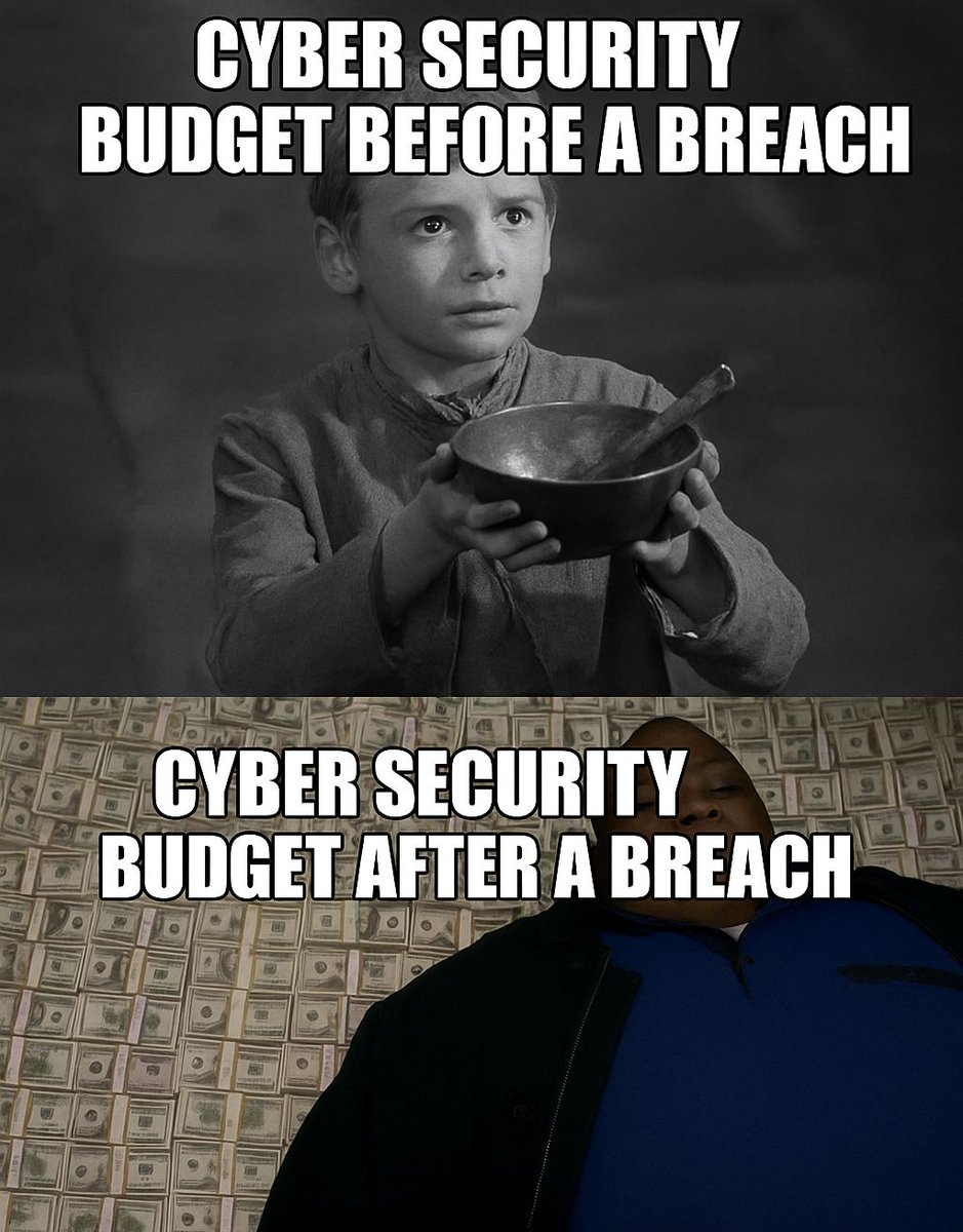 Companies 

Before a breach: "Is cybersecurity really necessary?"

After a breach: Get every firewall! Recruit hackers!💰

#Hackers #cybersecurite #cyberattack #databreach #firewall #memes #infosec